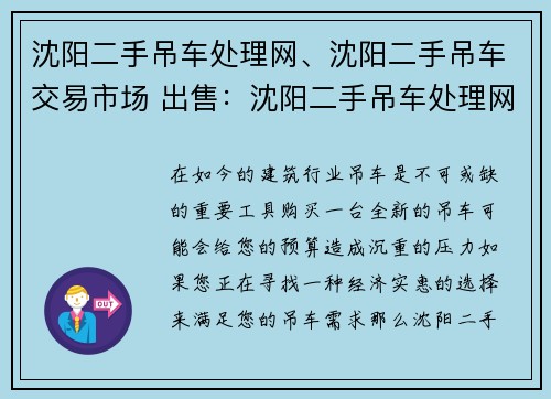 沈阳二手吊车处理网、沈阳二手吊车交易市场 出售：沈阳二手吊车处理网：高效解决您的吊车需求