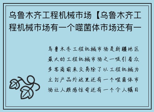 乌鲁木齐工程机械市场【乌鲁木齐工程机械市场有一个噬菌体市场还有一个是什么】