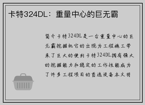卡特324DL：重量中心的巨无霸